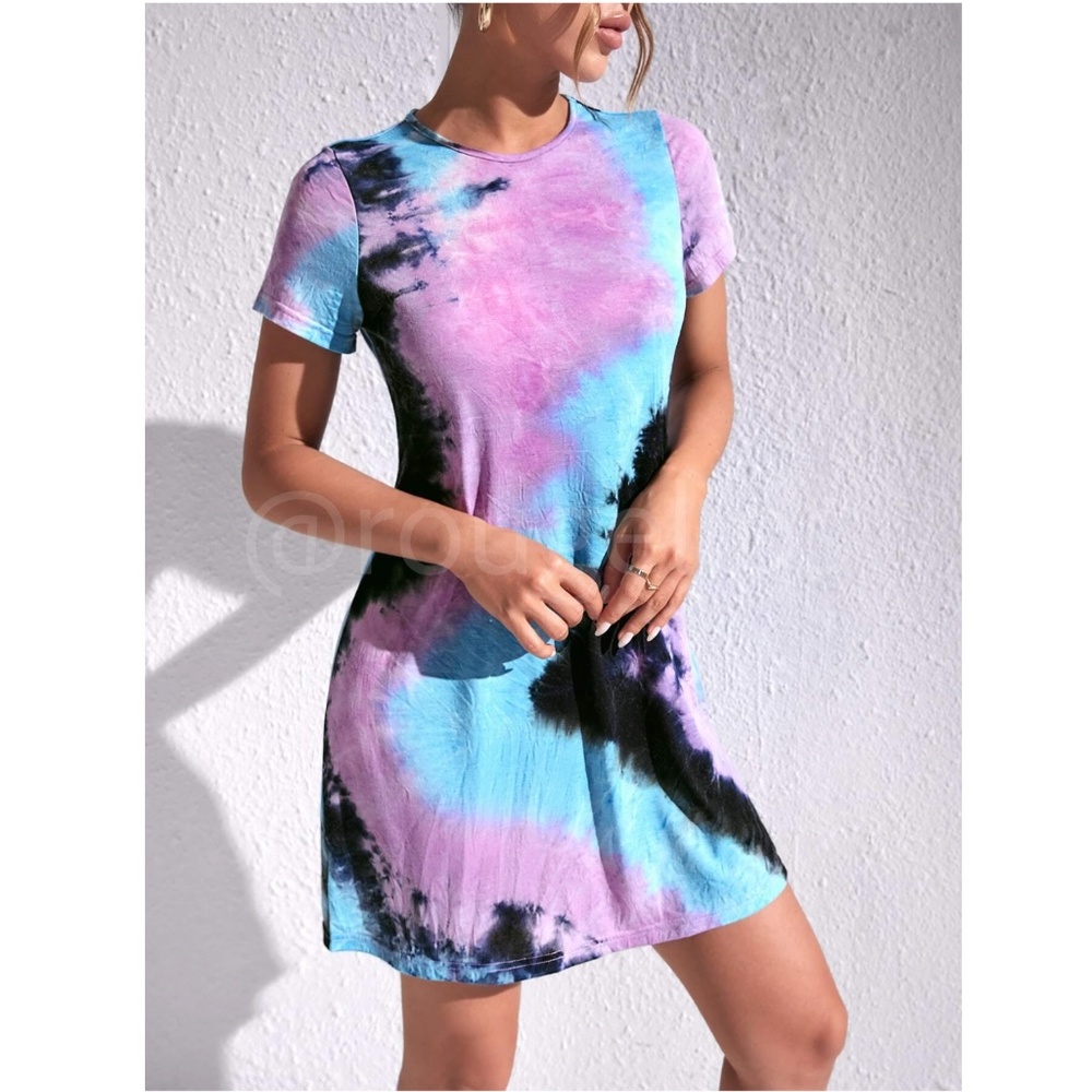 Tie Dye Print Mini Tee Shirt Dress Short Sleeve Lavender Blue A-Line - Picture 5 of 6